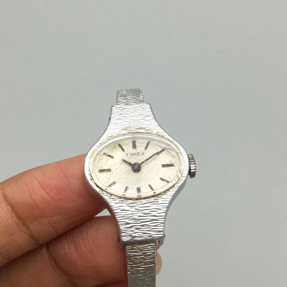 Vintage Timex Womens Watch 22mm Silver Tone Oval Dial Bangle Manual Wind